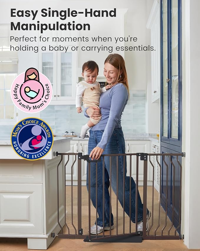 Mom's Choice-GROWNSY Baby Gate for Stairs, 29.5"-48.4" Pressure Mounted Baby Gate for Top of Stair&Doorway with V-Shaped Rods, Anti-Trip Pedal,Wide Stairs Dog Gate Easy Install w/Red Reminder,Brown