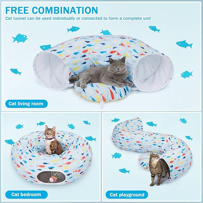 Ownpets Large Cat Tunnel Bed for for All Seasons, Soft Cat Donut Tunnel with Washable Cushion, Round Pet Pet Play Tunnel Toy for Kitten, Puppy, Rabbit, Blue