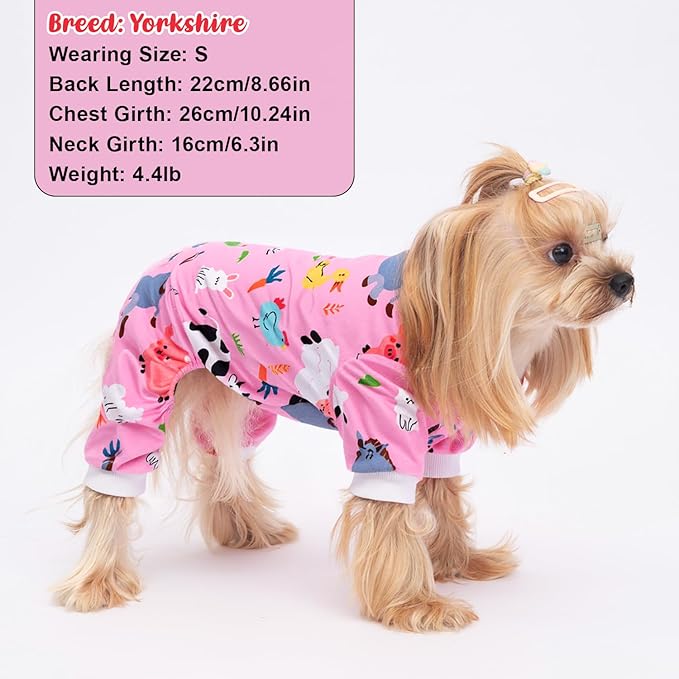 4 Pack Dog Pajamas Soft Lightweight Dog Recovery Suit Onesie Clothes for Small Medium Female Boys Girls Dogs Cats (XS (Back: 8",Chest: 12", Neck: 9"), Dinosaur,Farm,Monkey,Avocado)