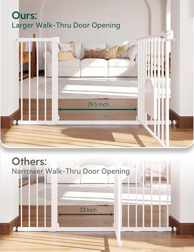 Babelio 36-56" Extra Wide Auto Close Baby Gate with Cat Door, Pet Gate Indoor with Extra Wide Walk Thru Door, Metal Dog Gate for Doorway, Stairs, Includes 4 Wall Cups and 3 Extension Pieces, White