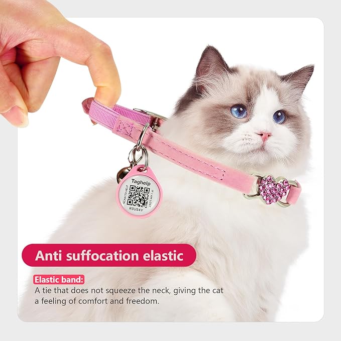 2 Pack-Heart Bling Cat Collar with Safety Belt and Bell Diamond,Adjustable Soft Velvet Leather Safe Kitten Collars with Crystal Heart Charm and Bells,Girl Bling Stylish with Safety Elastic (Blue&Pink)