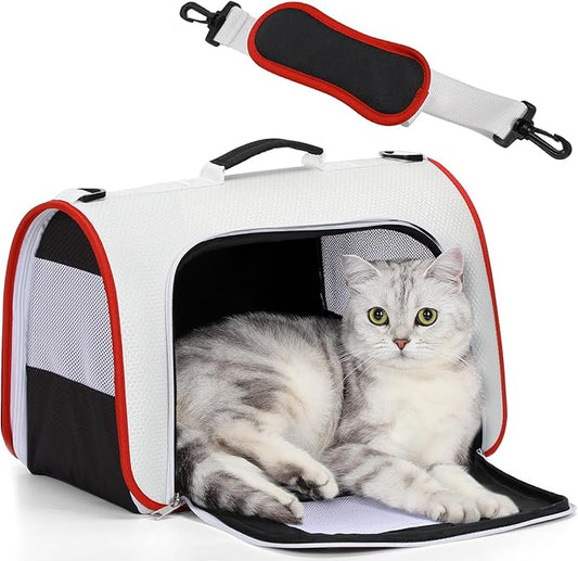A4Pet Airline Approved Cat Carrier, Suitable for Cats, Puppies Under 18 lbs, Easy On The Go, Easy to Stow, Soft-Sided Cat Travel Carrier, 17" L x 11" W x 11" H, White & Red