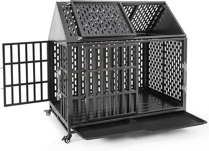 46 Inch Heavy Duty Dog Crate with Self-Locking Latch for High Anxiety Dogs, Indestructible Large Kennel Indoor with Pointed Roof, Removable Trays and Lockable Wheels, Chew Proof Cage