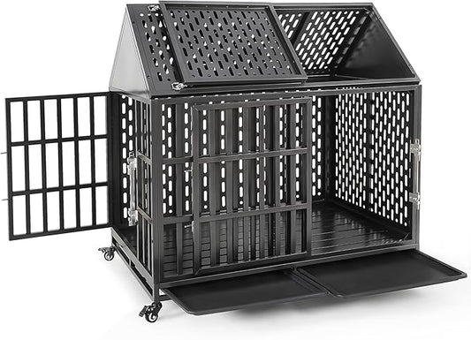 46 Inch Heavy Duty Dog Crate with Self-Locking Latch for High Anxiety Dogs, Indestructible Large Kennel Indoor with Pointed Roof, Removable Trays and Lockable Wheels, Chew Proof Cage