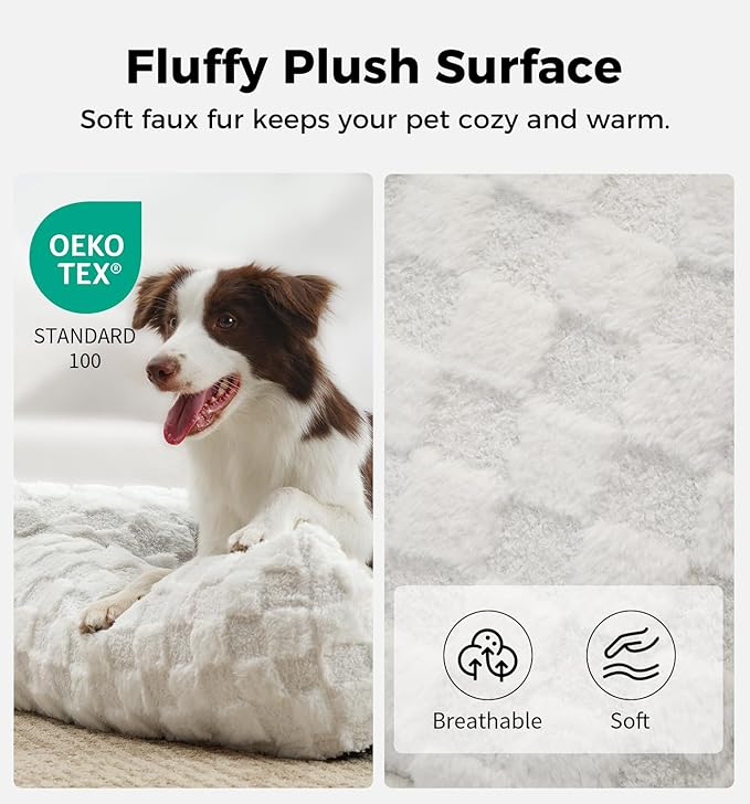 MADE 4 PETS Dog Couch Bed, Soft Faux Fur Checkered Indoor Pet Sofa, Comfortable Fluffy Dog Sofa with Supportive Foam, Removable Washable Cover with Non-Slip Base, White, Large