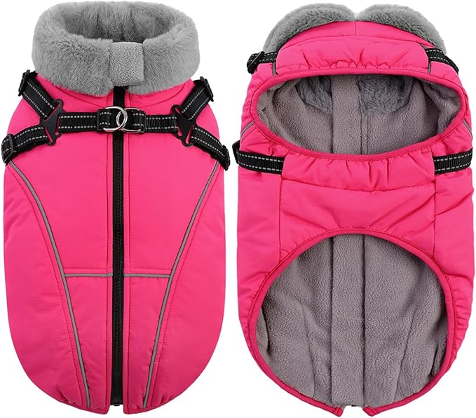 Queenmore Small Dog Coat,Dog Coat for Small Dogs,Reflective Windproof Dogs Jackets with Built-in Harness,Doggy Winter Jacket with Zipper On Back,Warm Pet Coats with Fleece Lining,Rosered,S