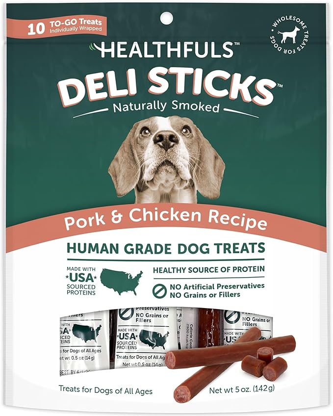 HEALTHFULS Deli Sticks Pork and Chicken Human-Grade Gluten-Free Soft and Chewy Dog Treats, 10 Count Bag