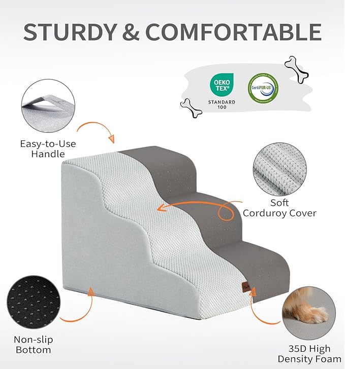 Made4Pets Dog Stairs Ramp for High Bed, 5-Step Pet Stairs for Bed Couch Sofa Climbing, 35D Foam Pet Steps for Small Dogs and Cats, Non-Slip Bottom Dog Steps, Light Grey