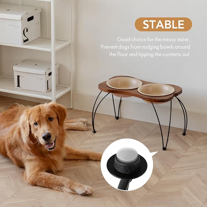 Ceramic 8.7-inch Raised Double-Bowl Set with Non-Slip Stand, Food & Water Dishes for Large Dogs, Wide Opening with Rounded Edges(Oat Beige)