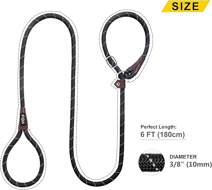 Fida Durable Slip Lead Dog Leash, 6 FT x 3/8" Heavy Duty Dog Loop Leashes, Comfortable Strong Rope Slip Leash for Small Dogs and Puppies, No Pull Pet Training Lead with Highly Reflective(3/8", Black)