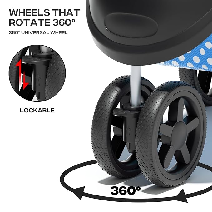 Cat Dog Stroller,3-Wheels Pet Stroller for Medium/Puppy Dogs 30 Lbs, Cat Strollers for 1 Cats, Foldable Dog Stroller with Storage Basket and Cup Holder, Breathable Mesh Blue Polka Dots