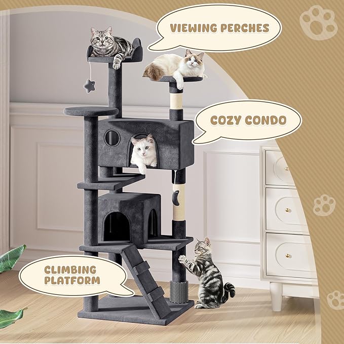 Magshion Cat Tree 60" Cats Tower for Indoor Cats, Multi-Level Cat Condo with Scratching Post, Top Perch, Sisal Board and Dangling Ball, Cat Stand Jumping Platform Kittens Pet Play House (Smoke Grey)