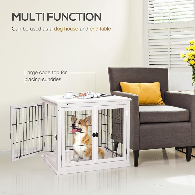 PawHut Dog Crate Furniture, 32" Small Dog Cage End Table with 2 Doors, Lockable Door, Puppy Kennel Indoor, White