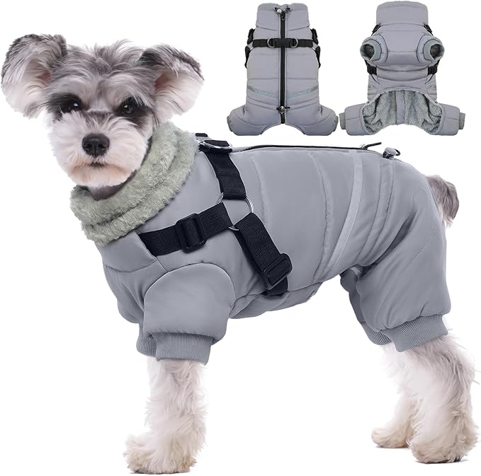 BRKURLEG Grey Dog Winter Coat, Cozy Winter Dog Jackets, Small Dogs Coat with Harness, Onesie Body Warm Puppy Jacket, Pet Reflective Windproof Cold Weather Jackets, Puppy Four-Legged Puffer Coats, S