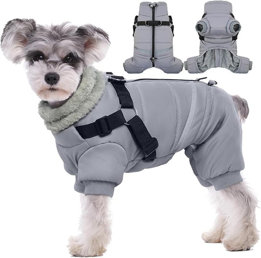 BRKURLEG Grey Dog Winter Coat, Cozy Winter Dog Jackets, Small Dogs Coat with Harness, Onesie Body Warm Puppy Jacket, Pet Reflective Windproof Cold Weather Jackets, Puppy Four-Legged Puffer Coats, XL