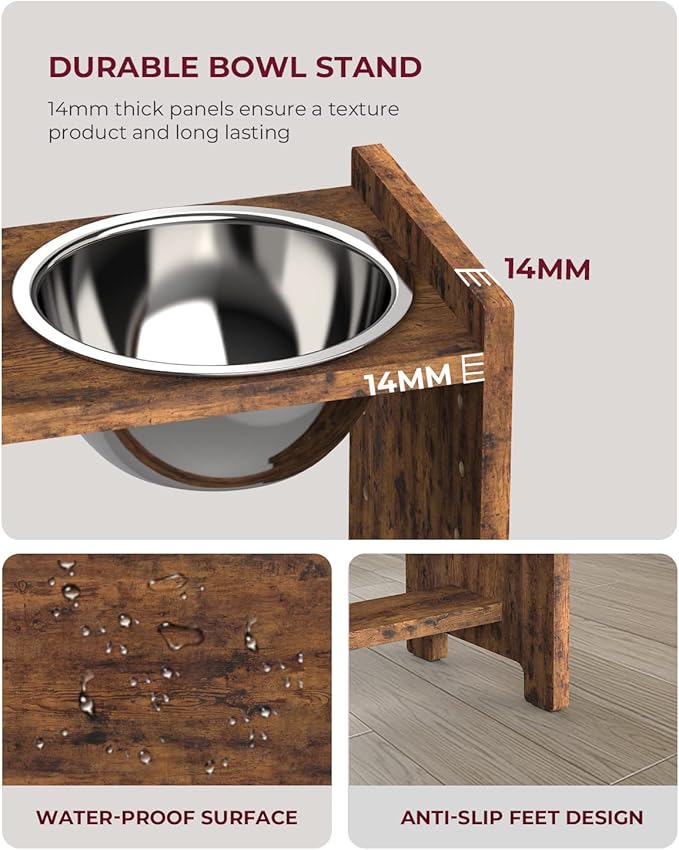 Vantic Elevated Dog Bowls, Adjustable Raised Dog Bowl Stand for Large and XLarge Pet, Sturdy Particle Board Food Feeder with 2 Stainless Steel Dishes, Rustic Brown