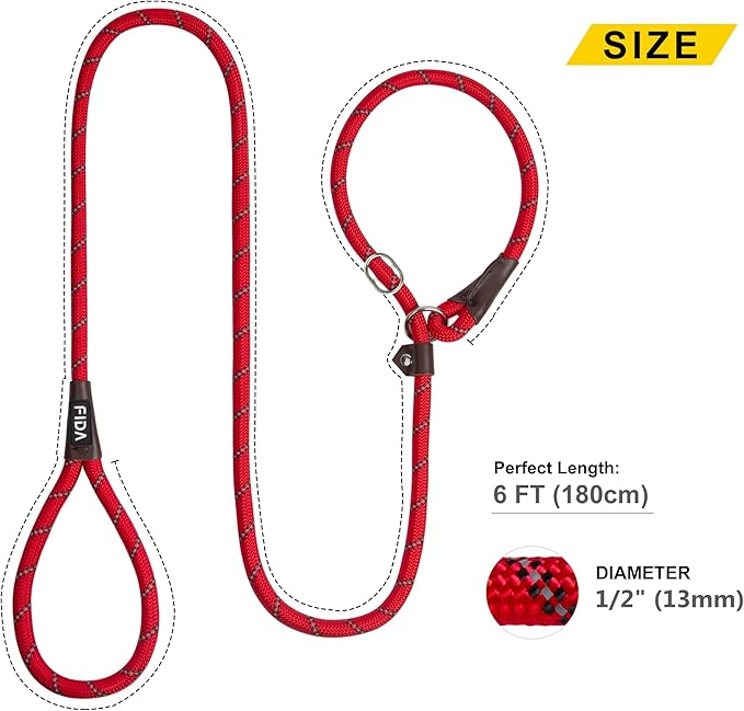 Fida Durable Slip Lead Bulk Pack of 5, Heavy Duty 1/2" x 6 FT Comfortable Strong Rope Slip Leash for Large, Medium & Small Dogs No Pulling Pet Training Leash with Highly Reflective Red