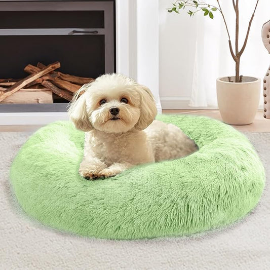JOLLYVOGUE Medium Calming Dog Bed, Anti-Anxiety Donut Cuddler Cat Bed with Anti-Slip Bottom, Fluffy Faux Fur Machine Washable Pet Cushion for Medium Large Dog & Cat (31")