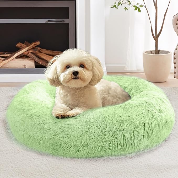 JOLLYVOGUE Calming Dog & Cat Bed for Small Dogs, Anti-Anxiety Donut Cuddler Cozy Soft Round Bed with Anti-Slip Bottom, Fluffy Faux Fur Plush Cushion Beds for Small Medium Pets (20")