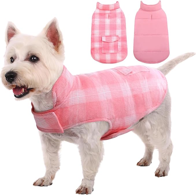 Kuoser Reversible Winter Coat, British Style Jacket for Small Dogs, Warm Windproof Puppy Cold Weather Clothes Vest, Pink XS