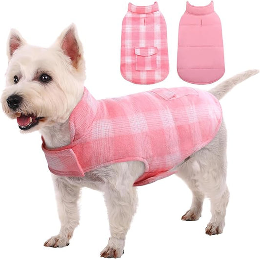 Kuoser Reversible Winter Coat, British Style Jacket for Small Dogs, Warm Windproof Puppy Cold Weather Clothes Vest, Pink XS