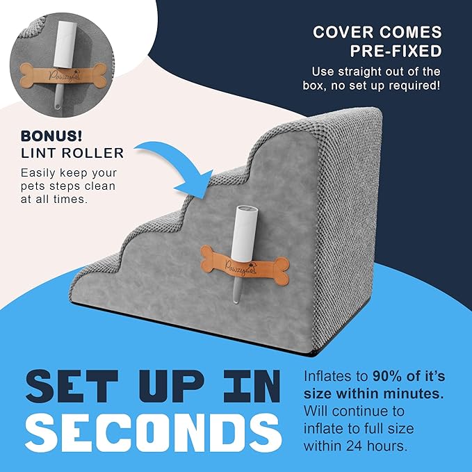 PAWZY Foam Pet Stairs for Small Dogs & Cats – 4-Step Dog Ramp 20” High, Wide Non-Slip Steps for Bed & Couch – Washable Pre-Fitted Cover (no Assembly Required), Waterproof Base – Grey