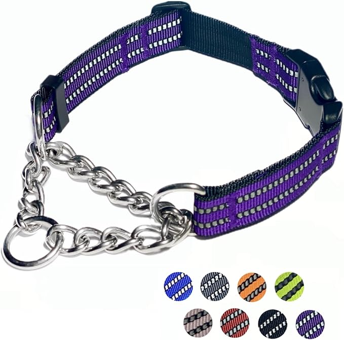 Martingale Dog Collars, Reflective Nylon Collar with Stainless Steel Chain, Adjustable Walking Training Dog Collars with Quick Release Buckle, Suitable for Small Medium Large Dogs(Purple,XL)