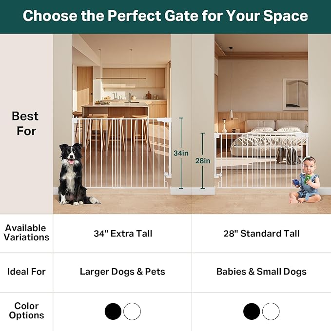 Cumbor 34" Extra Tall Baby Gate for Stairs, Wall-Mounted (Drill Required), Expandable 31.6-48" No Bottom Bar Dog Gate Indoor for Larger Pets, Large Walk Thru Door for Easy Access (White)