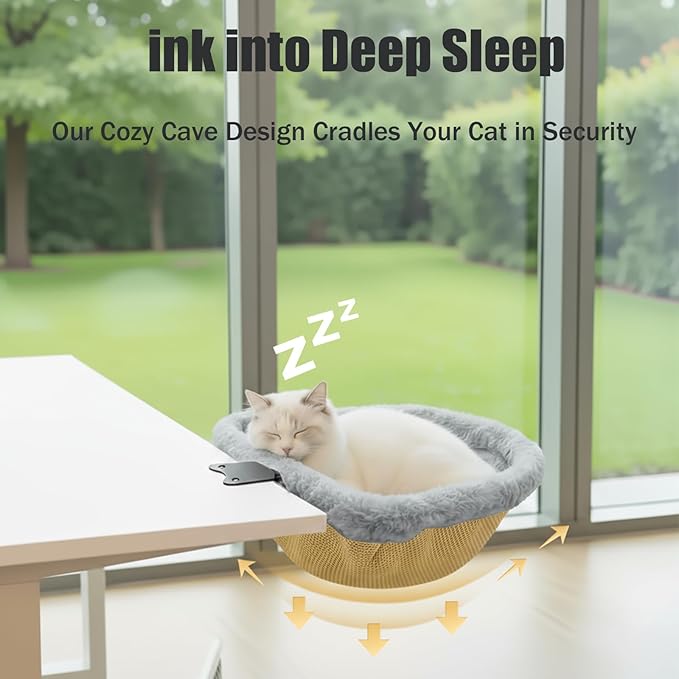 Foldable Cat Bed for Desks - One-Click Folding & Space-Saving Semi-Circle Design, Plush Faux Rabbit Fur with Sunken Cave, Holds 40lb/18kg Cats - Perfect for Office/Gaming Desks (Gray)