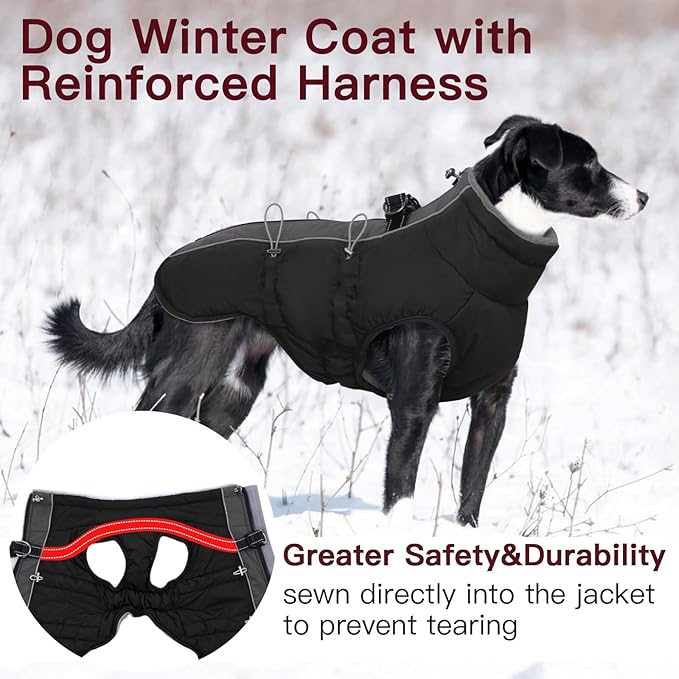 Dog Coat - Warm Zip Up Snowsuit Reflective Water-Resistant Jacket for Large Dogs, Black