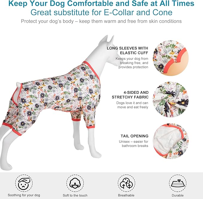 LovinPet Extra Large Dog Body Suit - Pet Anxiety Relief Shirt, Anti Licking Dog Onesie, Lightweight Fabric, Snapdragon Print, Pjs for Large Dogs, Dog Clothes for Pitbull,3XL
