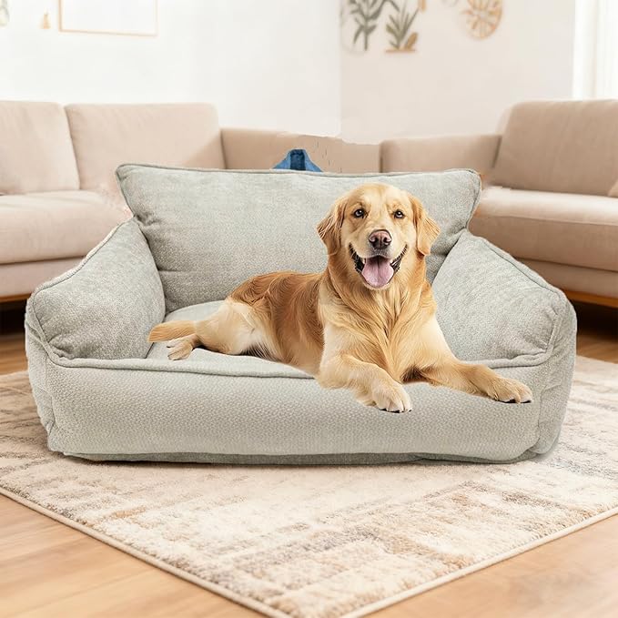 Large Orthopedic Dog Sofa Bed with Sides, Carry Handle & Side Pockets .Plush Chenille Orthopedic Pet Bed Couch for Large Dogs.Portable Snuggler for Indoor Use, Travel & Recovery (Light Grey)