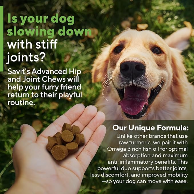 Savit's Dog Hip and Joint Supplement Chews - Dog Joint Supplement for Mobility - Canine Hip Support Pain Relief Supplements with Glucosamine, Turmeric, Chondroitin - Chicken Flavored - 180 Soft Chews
