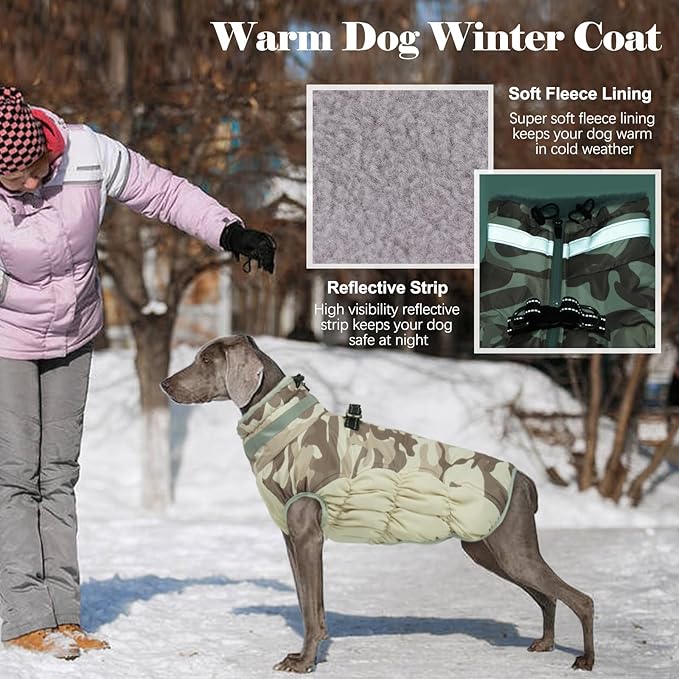 Lelepet Warm Dog Winter Coat Dog Coats for Large Dogs Waterproof Dogs Jacket with Harness Built in Reflective Cold Weather Coats Windproof Zip-Up Winter Fleece Vest Snowsuit Boxer Desert Camo XL