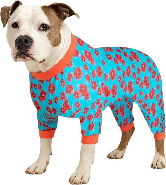 LovinPet Dog Clothes Large Size Dog Boy, Anti Licking Bodysuit, Pajamas for Pitbulls, Onesies for Dogs, Post Surgery, Tretchy Skin-Friendly Fabric, Pitbull Shirt, Mint & Dark Coral Floral Print, Large