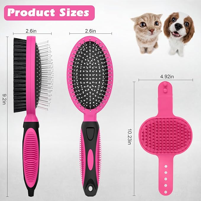 2PCS Pet Grooming Tools - Double-Sided Brush for Shedding and Bathing, Suitable for Short/Long Haired Dogs Cats and Horses, Deshedding Dog Brush, Mane & Tail Combs for Horses - Pet Supplies (Pink)
