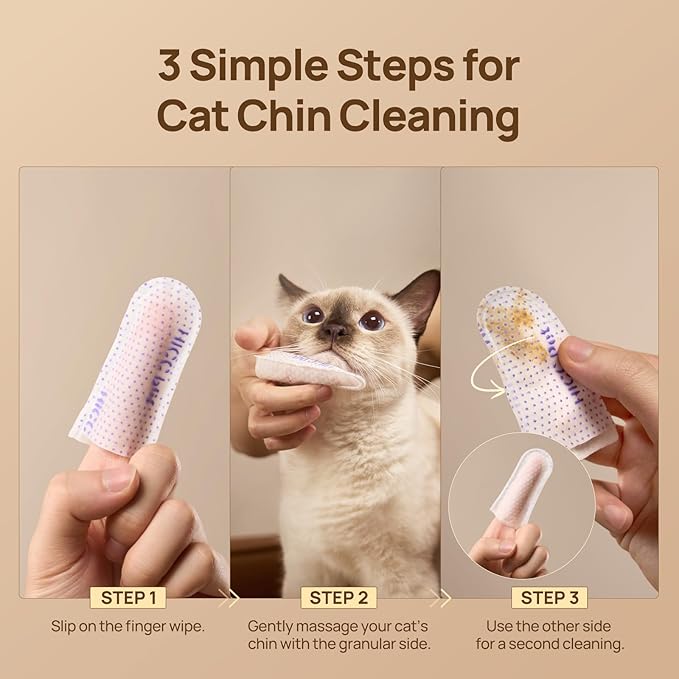 HICC PET Cat Chin Acne Finger Wipes – Gentle Enzyme Complex Care for Feline Acne & Blackheads, Vet Recommended Daily Chin Cleaning Wipes, No-Rinse Natural Formula