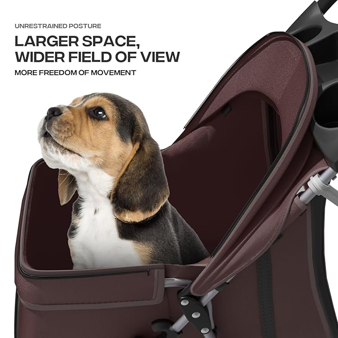 Cat Dog Stroller - 3-Wheels for Medium/Puppy Dogs 30 Lbs, Cats - Foldable with Storage Basket, Cup Holder, Breathable Mesh - Coffee