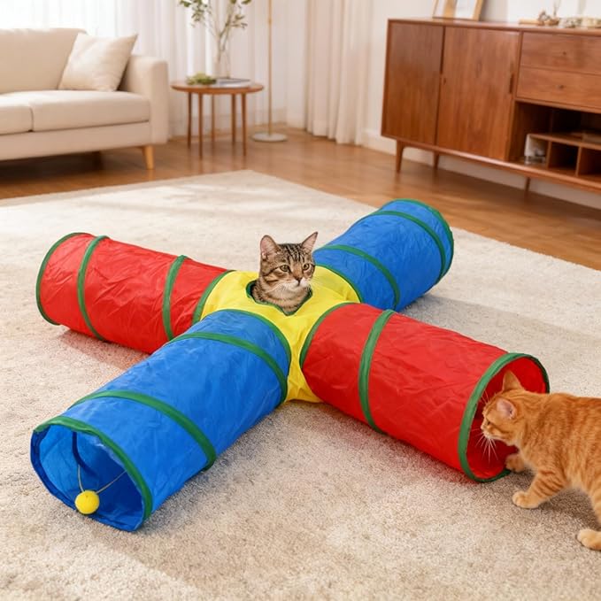 Cat Toys - 4-Way Tunnel for Indoor Cats with Peek Hole & 2 Mice - Large Foldable Rainbow Tube with Hanging Ball for Kittens, Rabbits, Small Dogs - Ideal Cat Toy