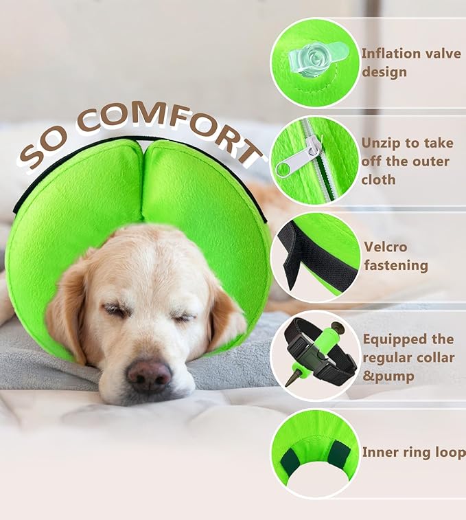 Inflatable Dog Cone Collar, Cone for Dogs to Stop Licking, Donut Collar After Surgery, Soft Dog Cone Alternative, Cones Collar for Small Medium Large Dogs (Green, S (Neck 7"-9"))
