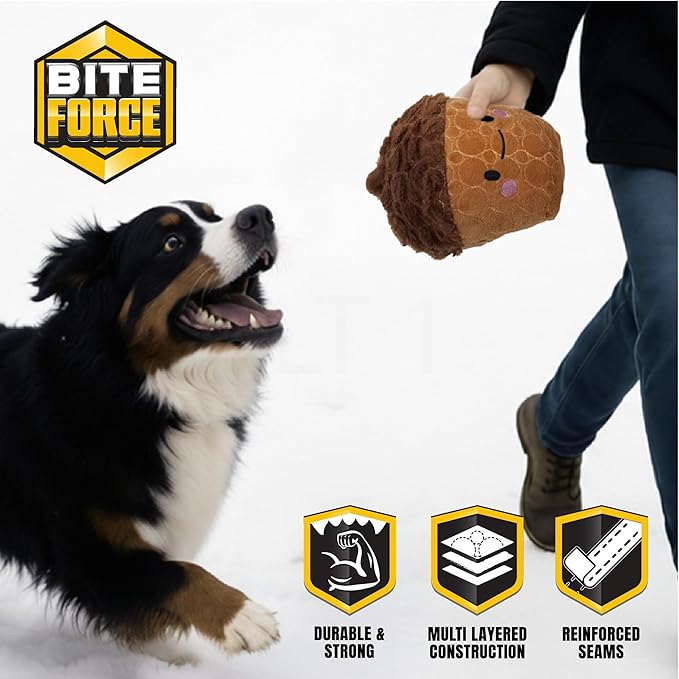 Bite Force -Durable & Strong Dog Toy Cheeky Acorn with Squeaker, Kevlar-Reinforced for Aggressive Chewers for Small Medium Large Dogs - Brown.