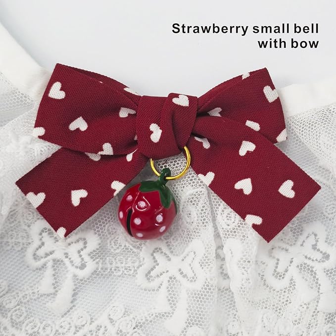 Elegant Lace Cat Collar with Cute Bow,Kitty Necklace with Bow Tie and Strawberry Small Bell,Pet Lace Bib Collar with Cute Bow,Cat Princess Costumes,Red,1 Piece