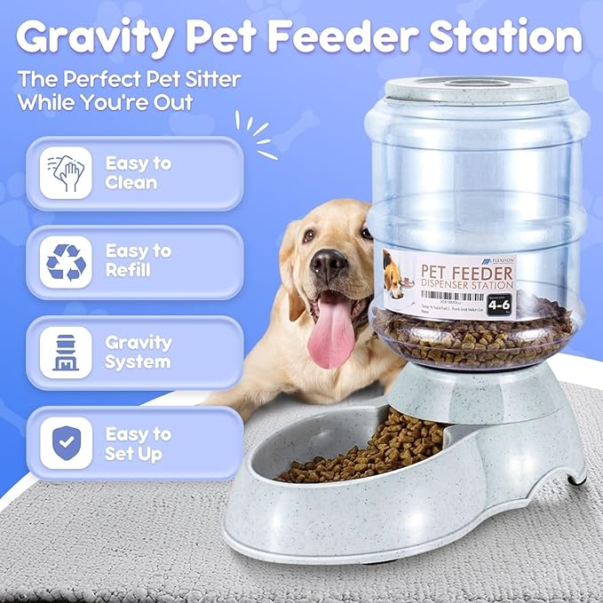 Flexzion Gravity Pet Feeder Food Dispenser (4-6 lb Size) for Dogs Cats Automatic Replenish Dry Food Storage Container Bowl for Small Medium Breed Dog Cat Animal Feeding Watering Fountain Supplies