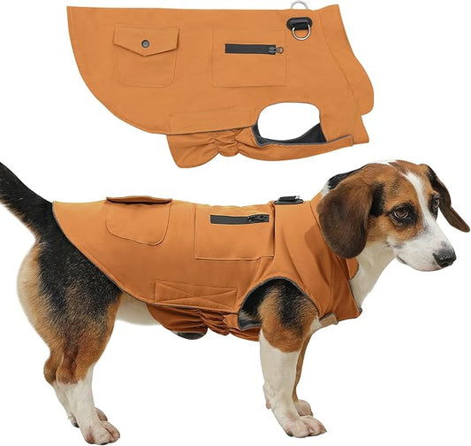 Workwear Style Dog Coats with Harness Built in for Small Dogs Windproof Warm Puppy Jacket with Storage Pockets for Cold Winter,BrightBeige XXL