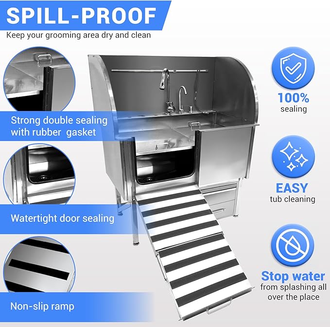 Professional Dog Grooming Tub, 38" Stainless Steel Dog Wash Station with Foldable Ramp, Storage Drawer, Floor Grate & Faucet/Dog Bathtub for Large, Medium & Small Pets - Left Door (38")