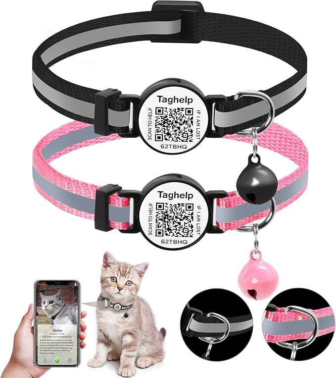 2 Pack QR Code Cat Collar for Lost Cat Recovery, Breakaway Reflective Collar with Bell & Instant Online ID, Adjustable 7.5-12.5 Inch for Peace of Mind (Black & Rose Red)