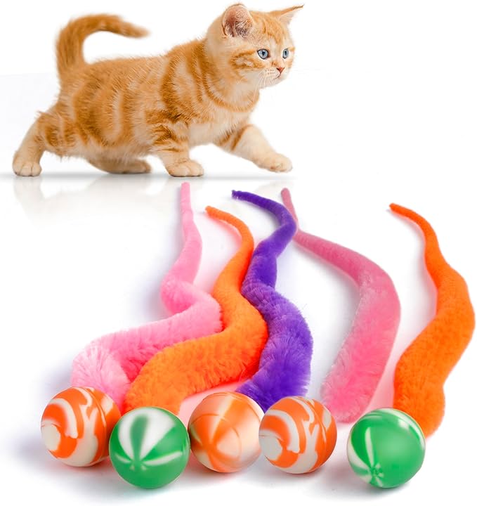 SHENGSEN Bouncy Ball with Tail Cat Toys-5 Packs,Magic Worm with Large Colorful Ball Toy for Cats,Fuzzy Worm Bouncy Balls Cat Toy