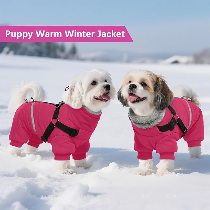 BRKURLEG Dog Winter Coat with Harness Built in, Winter Dog Jacket for Small and Medium Dogs, Small Dogs Snowsuit Reflective Windproof Cold Weather Coat, Puppy Warm Fleece Coats, Hot Pink, XL