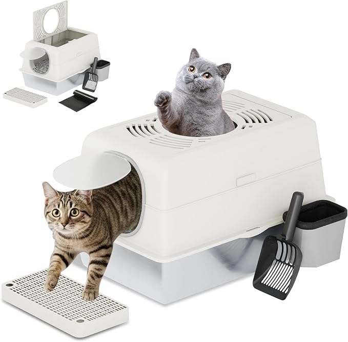 Extra Large Enclosed Stainless Steel Cat Litter Box Enclosure with Lid, Front Dual-Door and Top Exit Metal Cat Litter Pan Box for Big Cats, with Litter Scoop,Box Step, Waste Bin & Trash Bags, White
