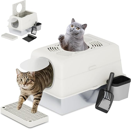 Extra Large Enclosed Stainless Steel Cat Litter Box Enclosure with Lid, Front Dual-Door and Top Exit Metal Cat Litter Pan Box for Big Cats, with Litter Scoop,Box Step, Waste Bin & Trash Bags, White